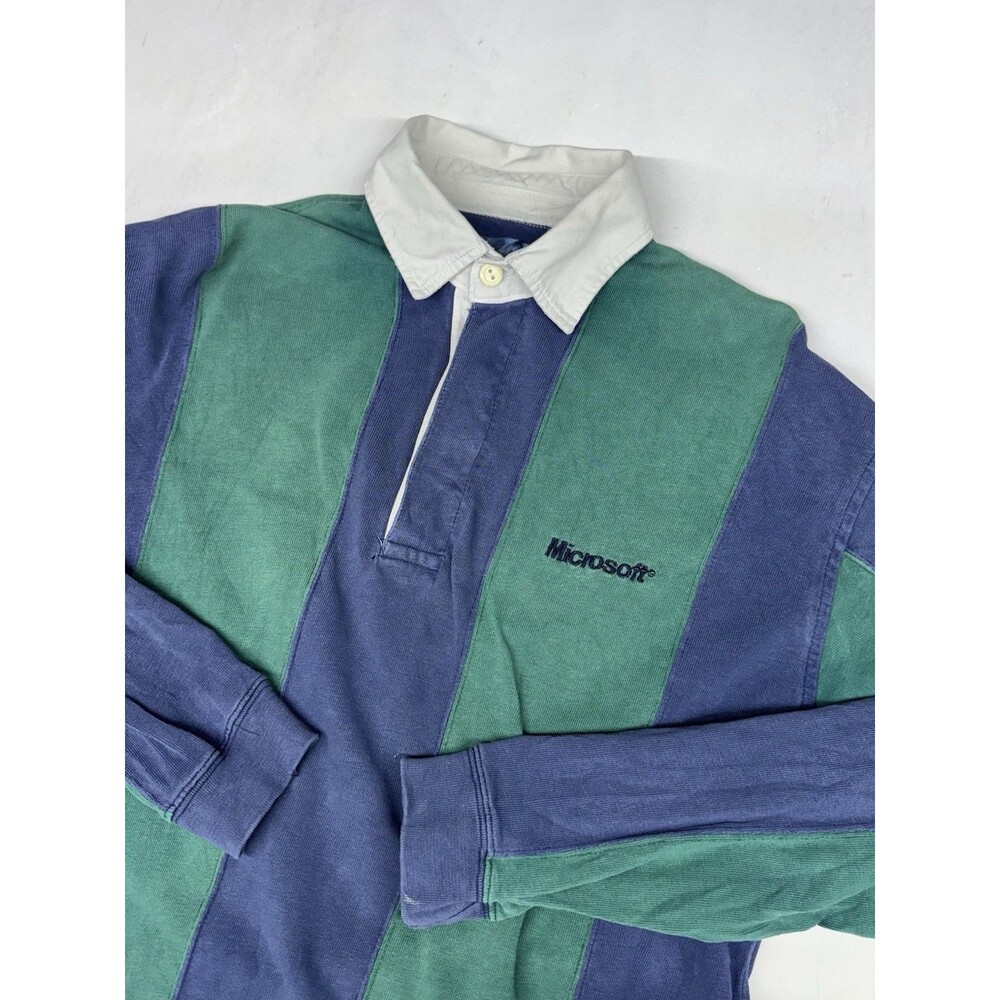 Vintage Green Blue Striped Cotton Rugby Polo Shirt Microsoft Logo Mens Medium